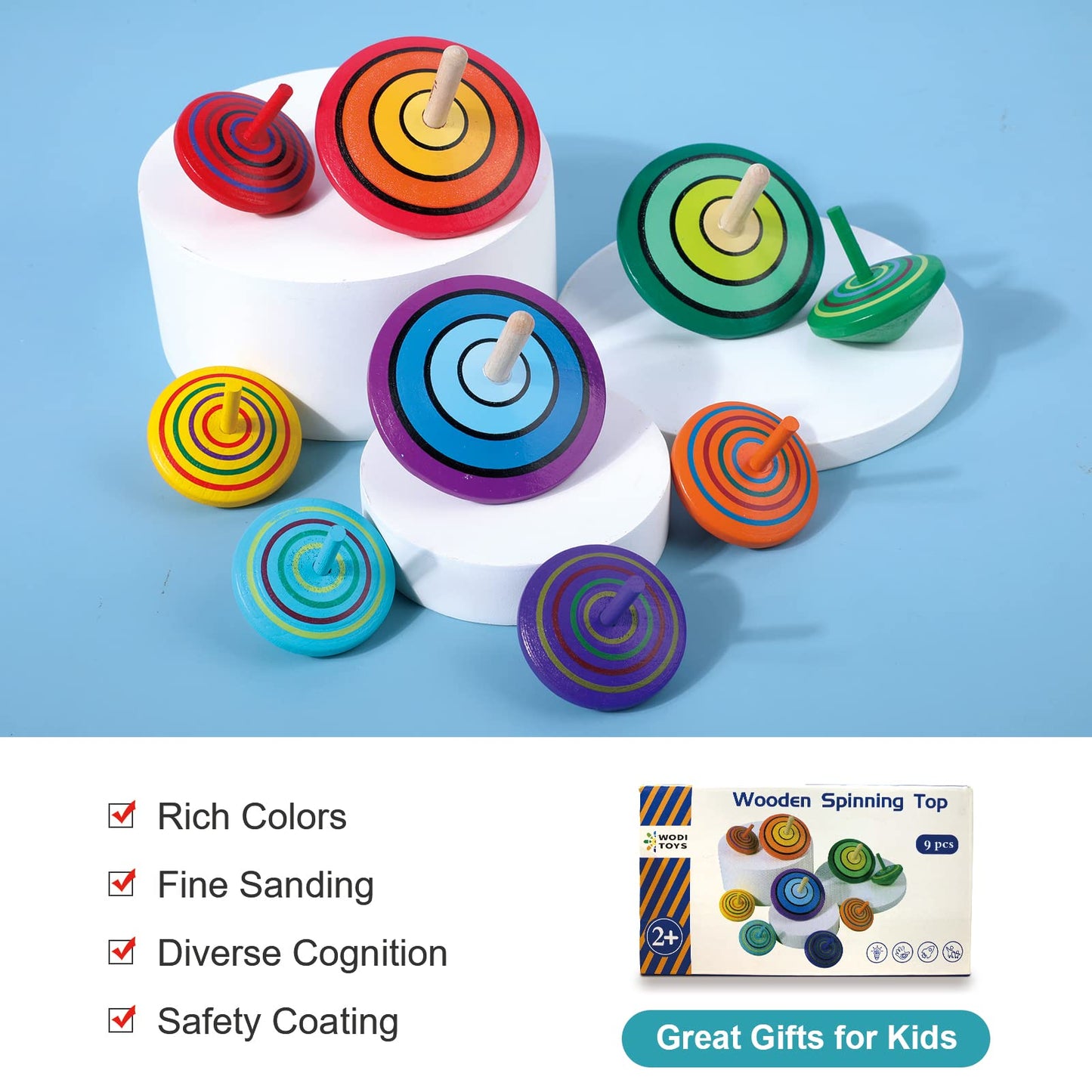 Wodi Wooden Spinning Tops, 9 Pcs Wood Novelty Gyroscopes, Kids Handmade Painted Spinner, Kindergarten Toys, Vintage Craft Spin T