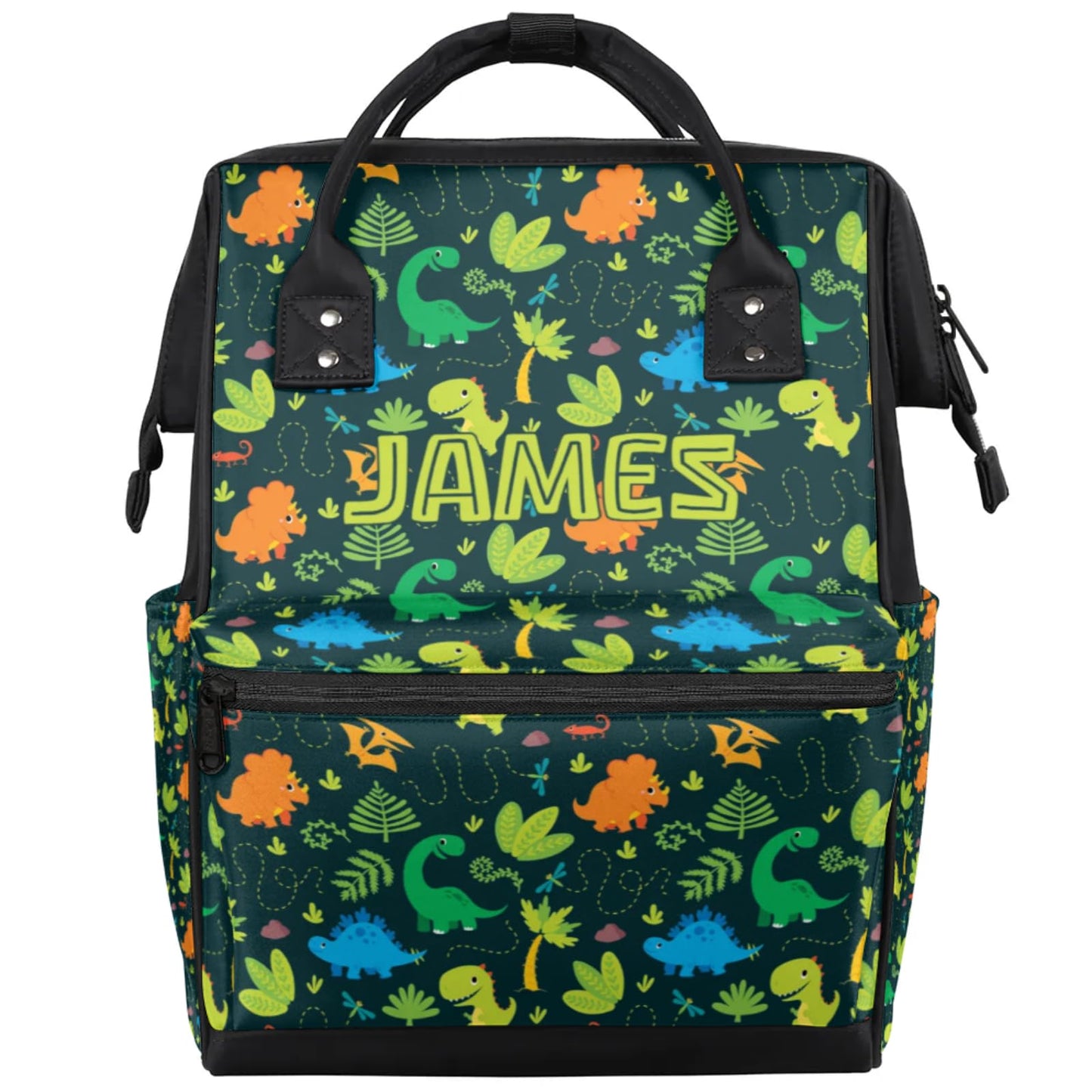SPYORBKX Customized Diaper-Backpack for Baby-Boys Nappy-Backpack with Baby Name 11x7x15.7 inches Dark Green Dinosaur Mommy-Bag