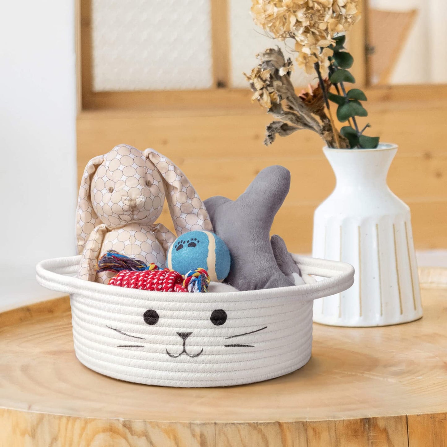 Hichen Small Round Woven Rope Basket, Cute Dog Toy Basket For Living Room, Decorative Nursery Basket For Toys, Diapers, Empty Gi