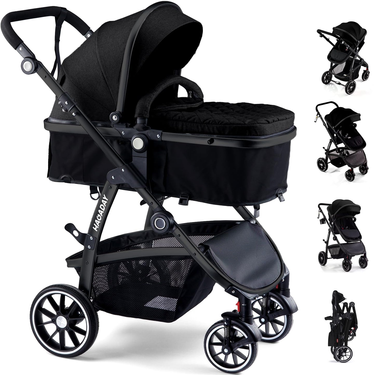 Baby Stroller, 2-in-1 Reversible Toddler Seat with Lie-Flat Mode, Foldable Infant Stroller with Canopy, One Button Brake, Adjust