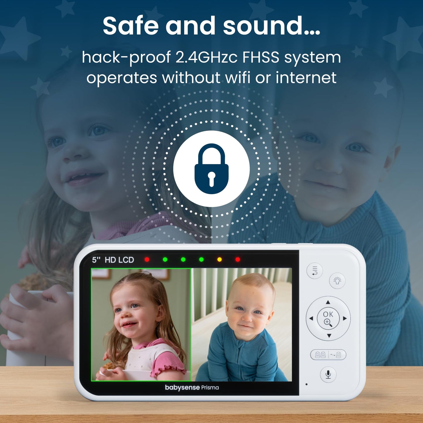 Babysense Prisma Baby Monitor With Camera And Audio, 5 Hd Video Baby Monitor, 6-Color Night Light, Split Screen, Baby Sound M