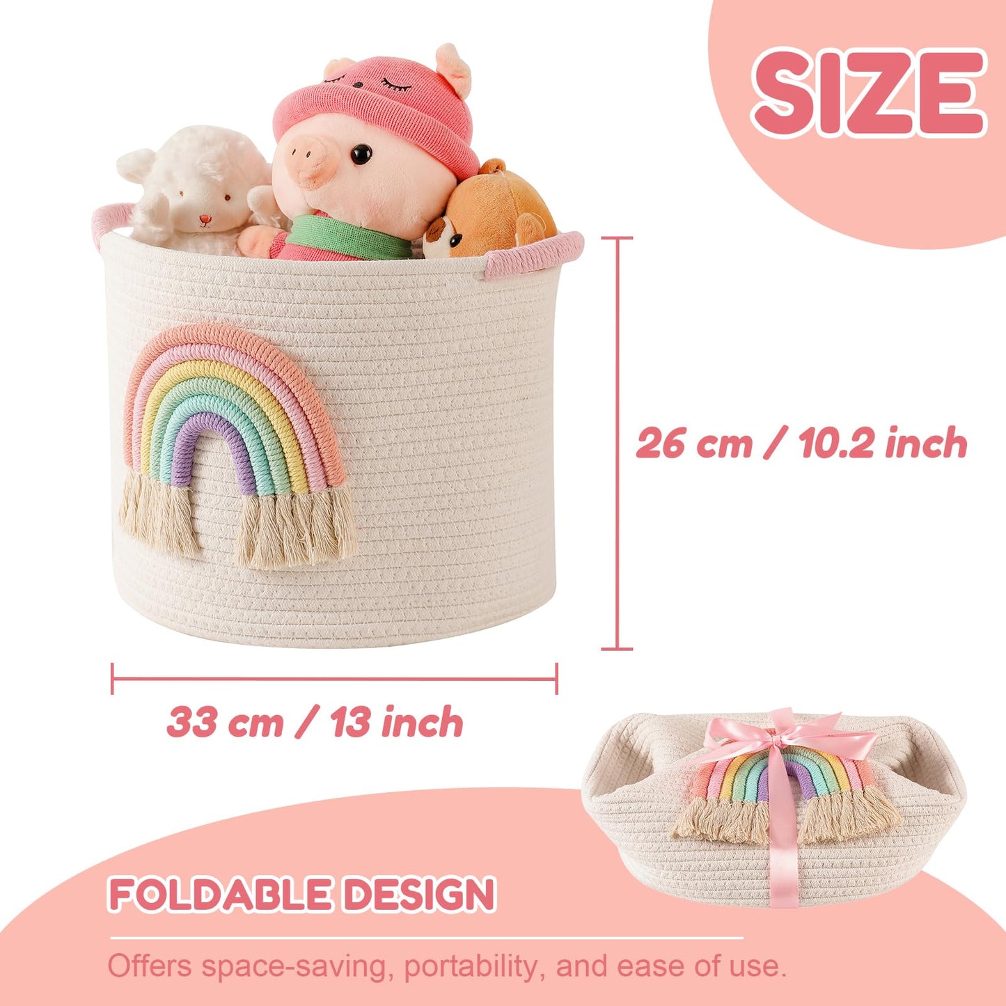 Inough Toy Storage Baskets Woven Cotton Rope Storage Basket With Rainbow Decor For Kids, Blanket Baskets For Living Room Toys Or