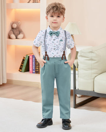 Disaur Matching Family Outfits Short Sleeve White Flower Dress Shirt Bow Tie Suspender Green Pants Boys Church Outfit 4T 5T 4-5T