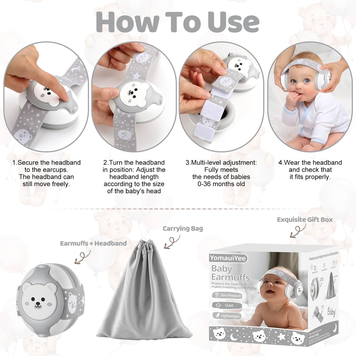 Yomauiyee Baby Headphones-Infant Ear Protection For Babies 0-36 Months,Baby Earmuffs With Little Bear Design Noise Cancelling He