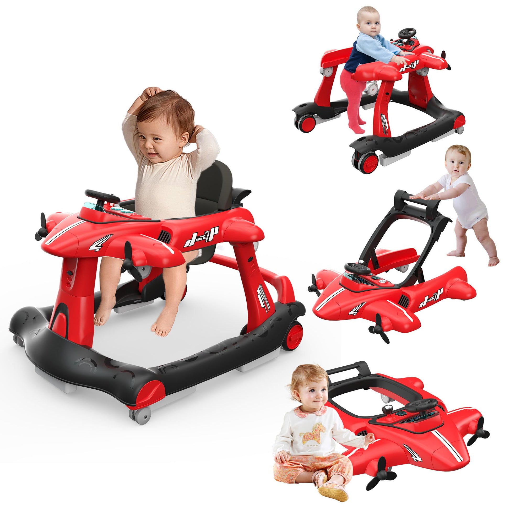 Betterhood 6-In-1 Foldable Baby Walker With Adjustable Height & Speed, Airplane-Themed Activity Push Walker With Music & Lights,