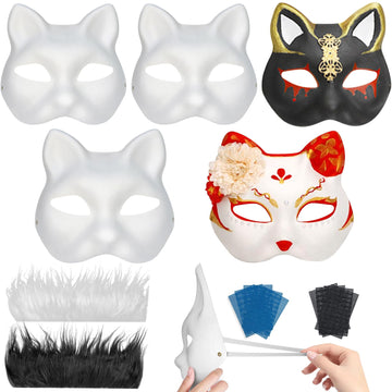 5Pcs Cat Therian Mask Kit With Fur And Eye Mesh, Blank Diy Therian Gear Stuff Masks Base To Paint, Animal Half Paper Fox Cat Fac