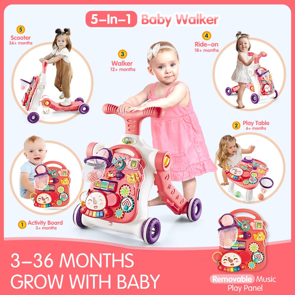 Baby Walker 5 In 1,Vatos Sit-To-Stand Learning Walker,Assemble As Scooter/Balance Bike/Push Walker/Activity Table/Detachable Pan