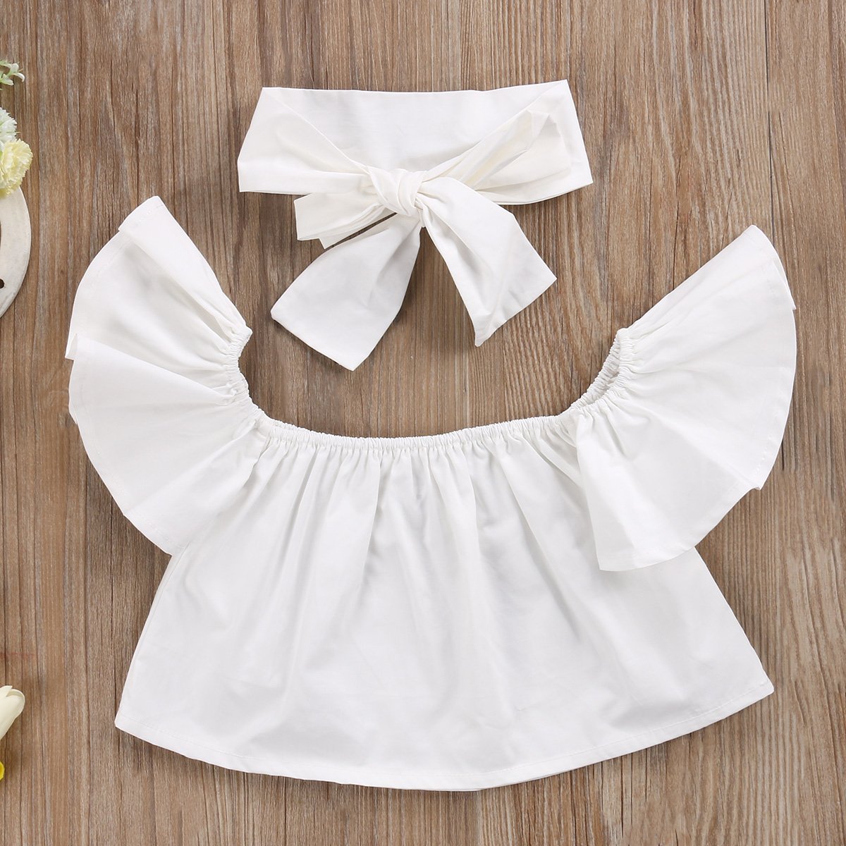 3Pcs Toddler Girl Baby Off Sloulder Top Ruffle Blouse + Blue Ripped Long Jeans + White Bowknot Headband Sets (White-Blue, 5-6 T)