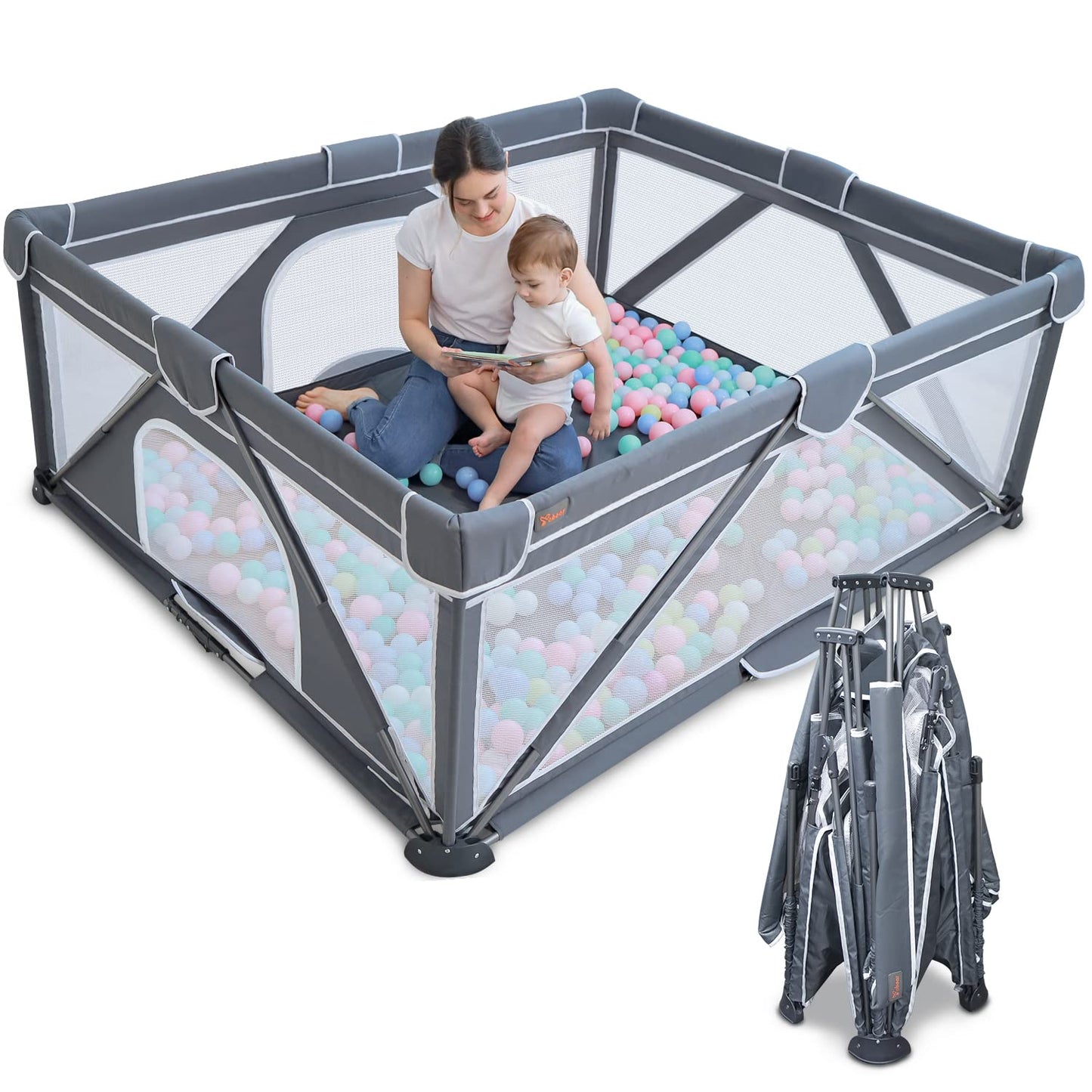 Foldable Baby Playpen, Yobear Playpen for Babies and Toddlers with 50 PCS Ocean Balls & 2 Handles, Indoor & Outdoor Kids Safety