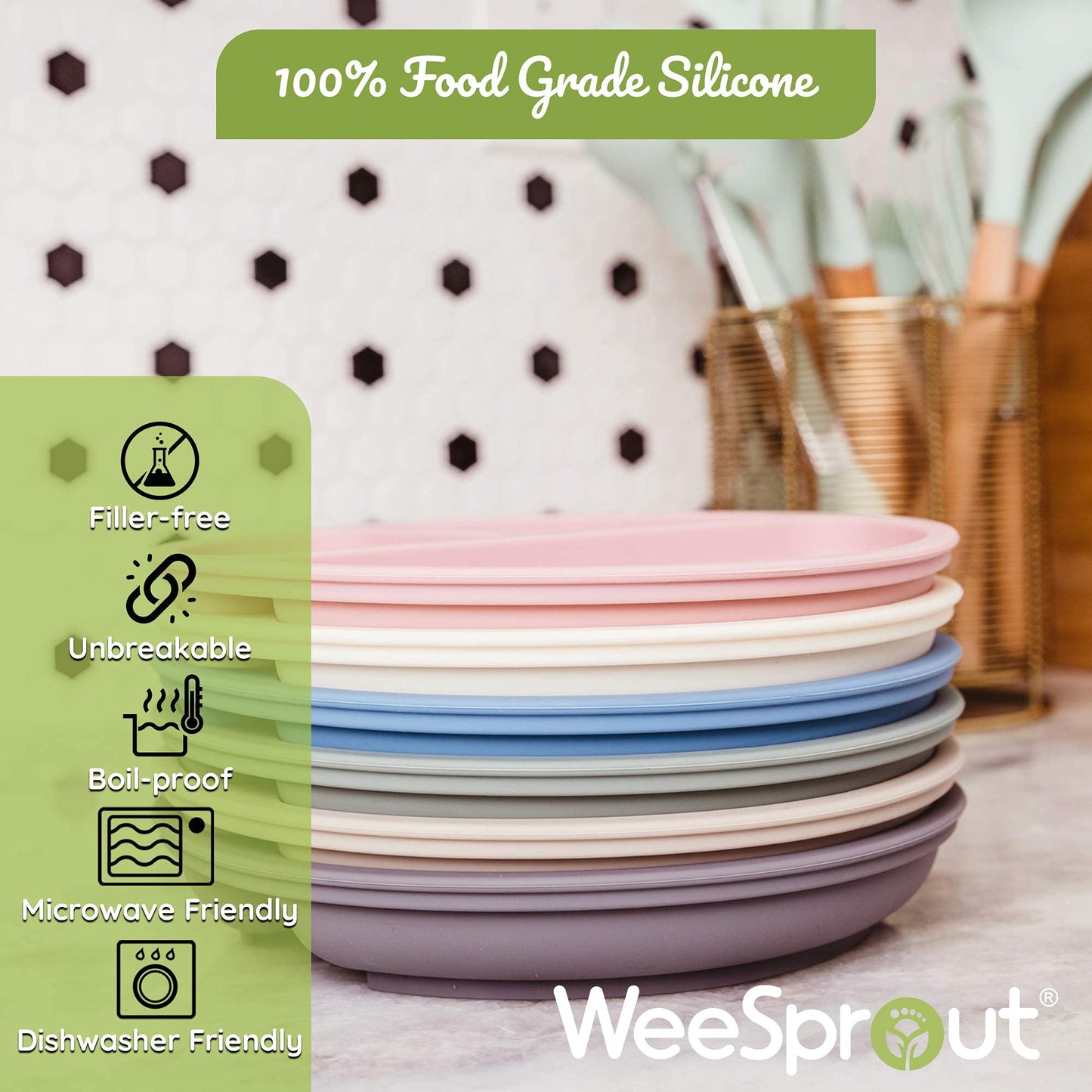 Weesprout Suction Plates For Babies & Toddlers - 100% Silicone, Dinnerware Stays Put, Divided Design For Picky Eaters, Microwave