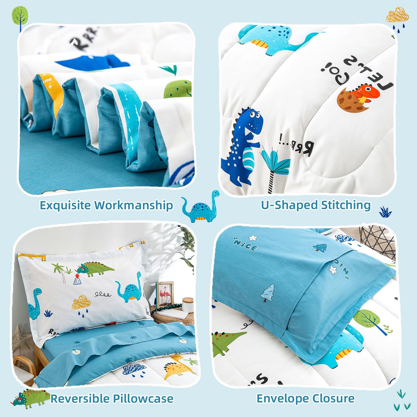 Djy Cotton Toddler Bedding Set For Boys Girls, 4 Pieces Dinosaur Toddler Bed Comforter Set, Includes Quilted Comforter, Flat She