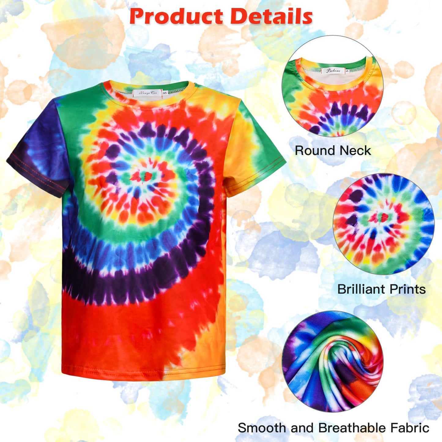 Xonyicos 4Pcs Hippie Costume For Kids 60S 70S Colorful Shirts Halloween Party Cosplay For 4-12Years (Rainbow Color, L)