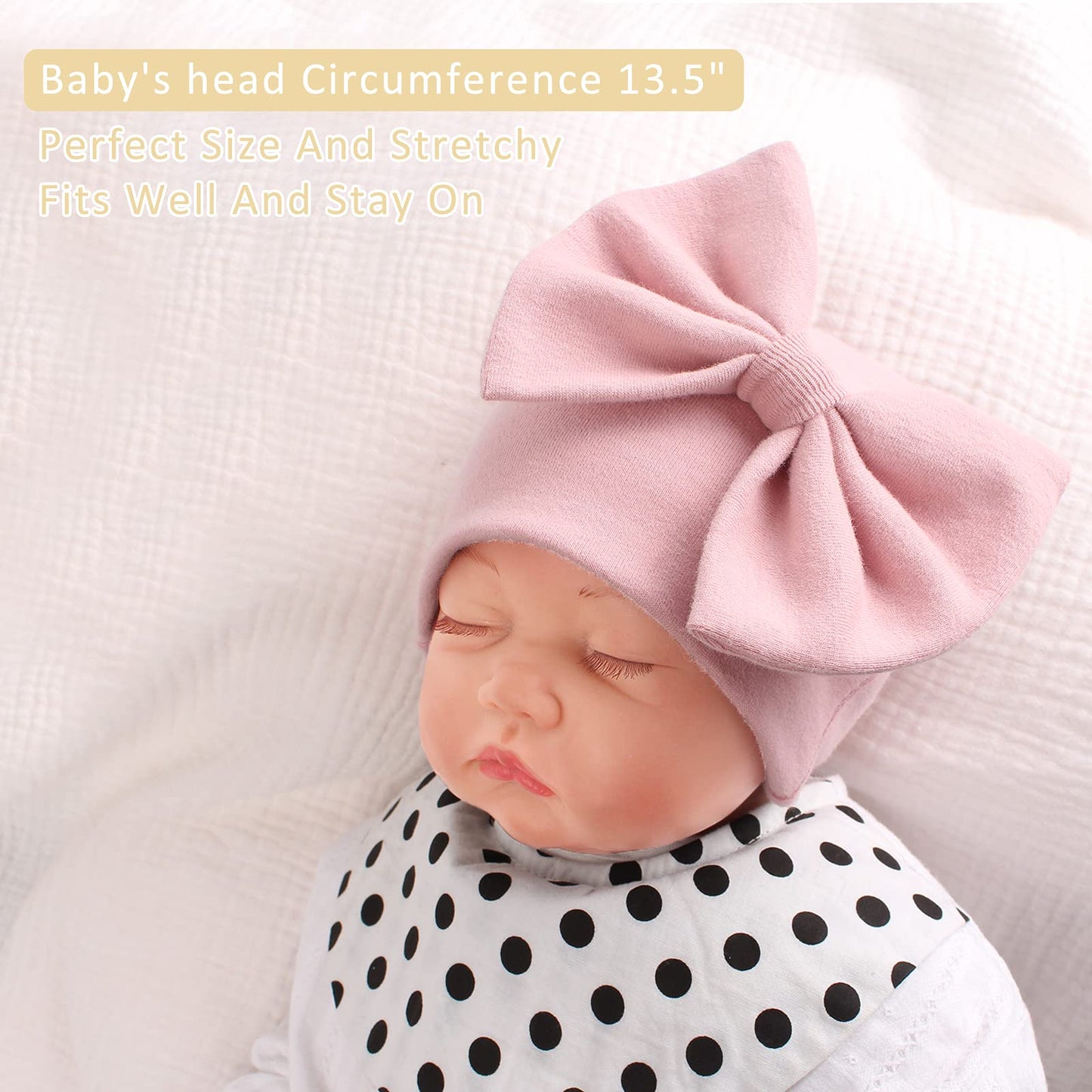 Newborn Baby Girl Hat Cotton Baby Bow Beanie Preemie Hats Spring Infant Hats For Girls 0-12 Months (White+Skin Pink+Black, 6-12