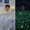 PromptNest Glow in the Dark Space Blanket for Kids, Cosmic Grey Galaxy Fleece Throw with Glowing Planets, Rockets & Stars, 150 x