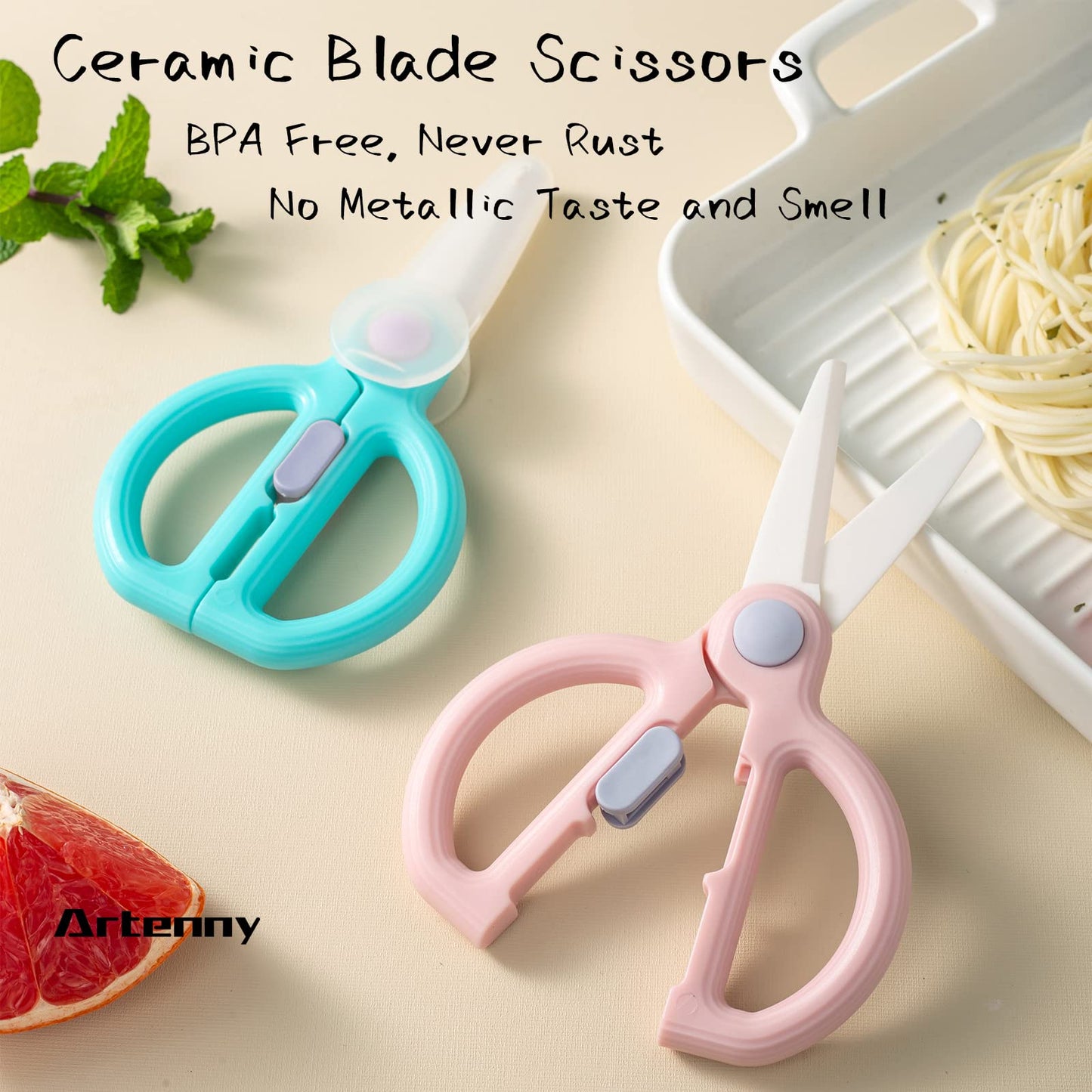 Artenny Baby Food Scissors With Travel Case, Ceramic Food Scissors Kids, Toddler Scissors With Safety Lock, Ideal For Pizza, Mea
