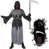 Grim Reaper Halloween Costume With Glowing Red Eyes For Kids, Scythe Included(Gray,Large)