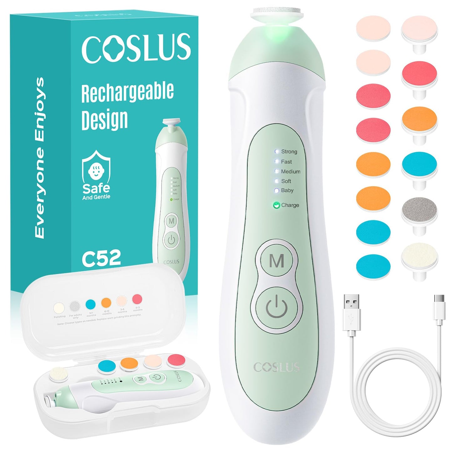 COSLUS Rechargeable Baby Nail File: Cordless Baby Nail Trimmer Electric with 5 Speeds & 6 Grinding Heads for Baby Kid, CPC Certi