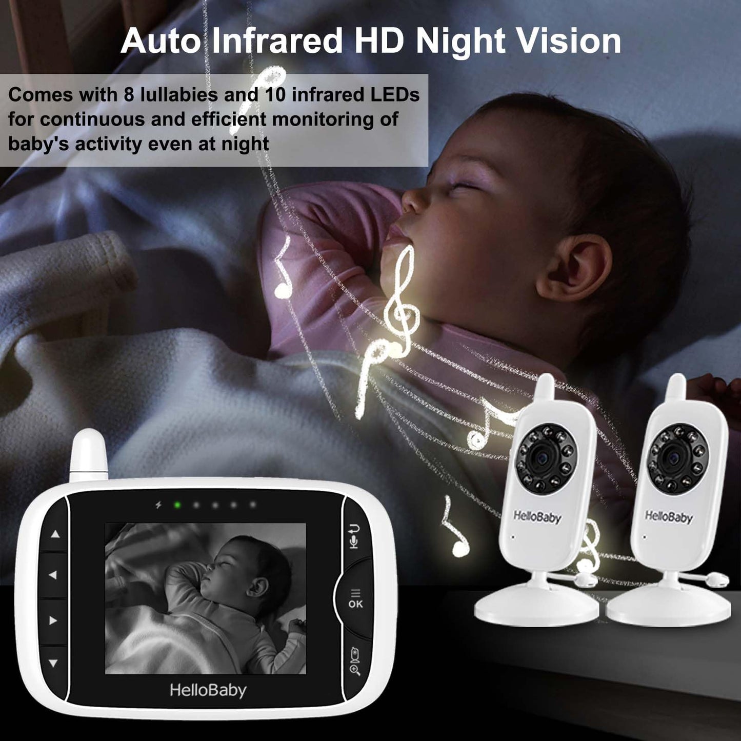 Hellobaby Baby Monitor With 2 Cameras, No Wifi, With Camera And Audio,Video, Night Vision 2-Way Audio, Fully Remote Pan & Tilt,