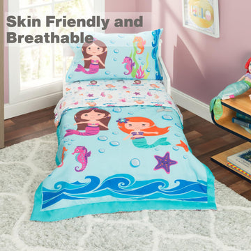 Everyday Kids 4 Piece Toddler Bedding Set -Undersea Mermaids Adventure- Includes Comforter, Flat Sheet, Fitted Sheet And Reversi