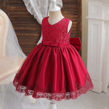 Nnjxd Baby Girls Lace Dress Bowknot Flower Dresses Wedding Pageant Baptism Christening Tutu Gown Size (80) 6-12 Months #Red