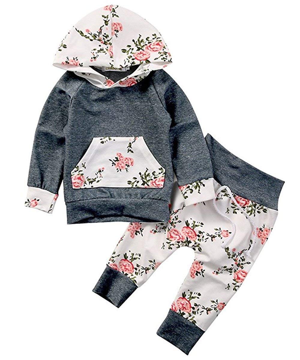 Baby Girls Long Sleeve Flowers Hoodie Top and Pants Outfit with Kangaroo Pocket (12-18 Months, A)