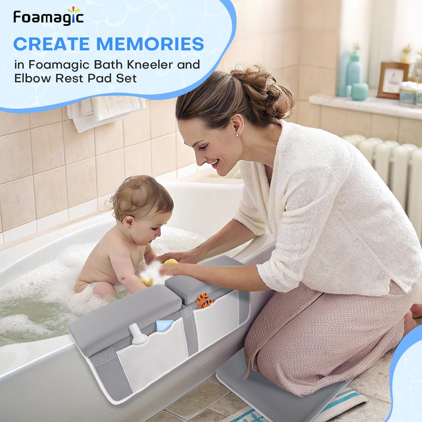 Foamagic Bath Kneeler And Elbow Rest Pad Set - Grey Baby Bathing Kneeler Pad For Tub, Bathtub Mat For Kneeling, Elbow Rest, Prot