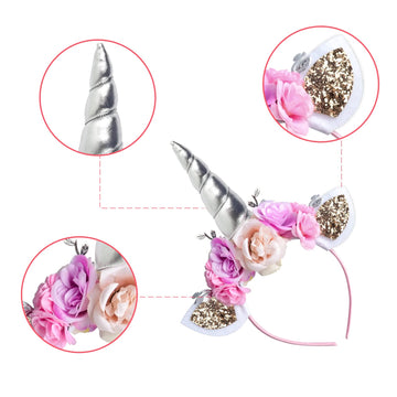 Ahier Unicorn Headband, Silver Glitter Horn Headband Cat Ear Head Bands Flowers Headwear Accessory For Unicorn Party Supplies