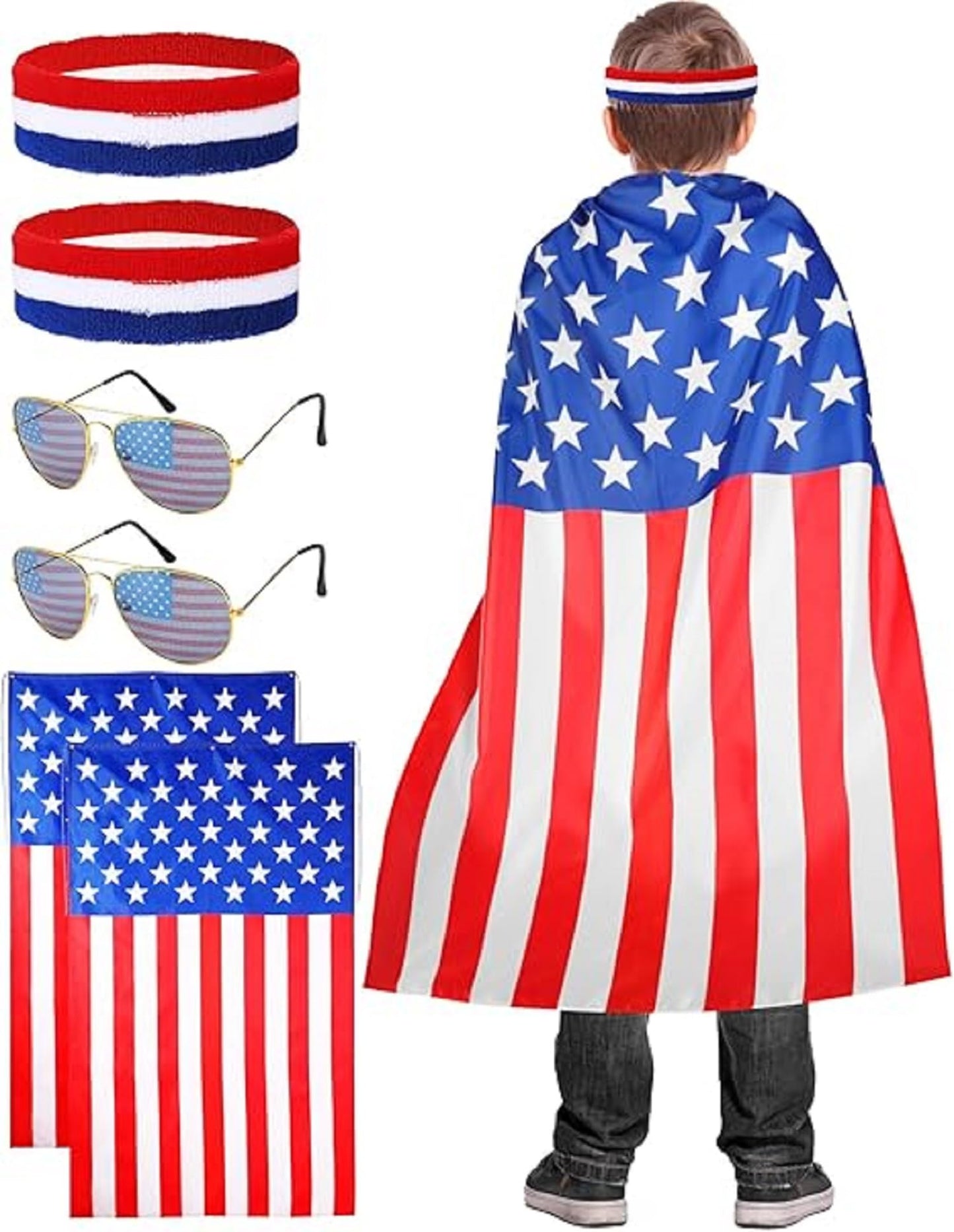 Mepase 6 Pcs USA American Flag Cape Outfit Kids Costume Sunglasses Red White and Blue Headband Patriotic Accessories (Kids)