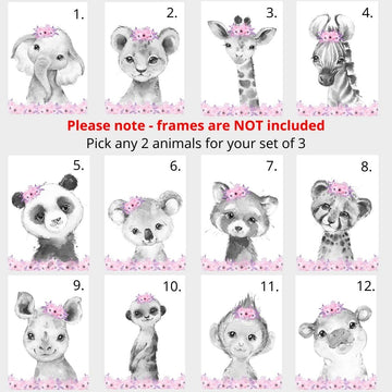 Safari Animals Girls Nursery Bedroom Unframed Set Of 3 Poster Prints, Personalized Name Pink Or Purple Flowers Wall Art Decor Ne