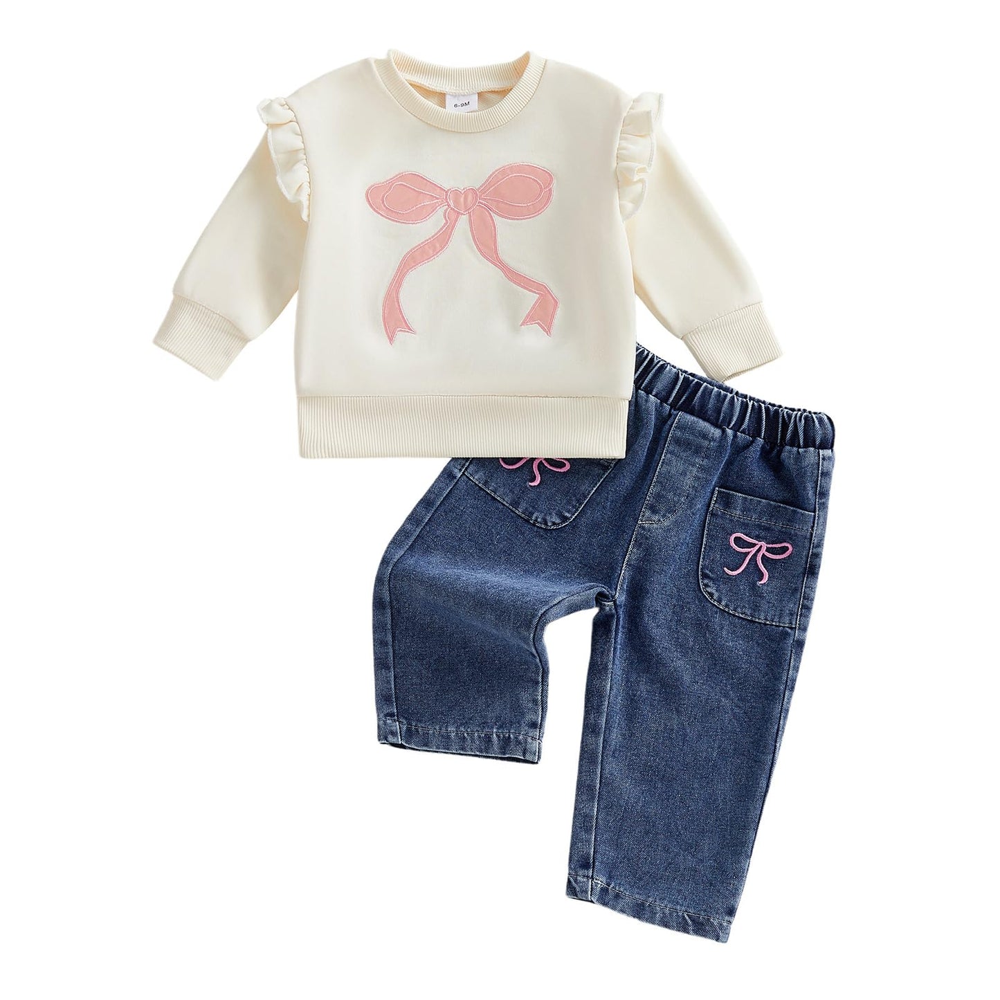 VISGOGO Toddler Baby Girls Outfits Long Sleeve Bow Sweatshirt Pullover Tops Denim Pants Set Sweatsuit Fall Winter Clothes (T Kha