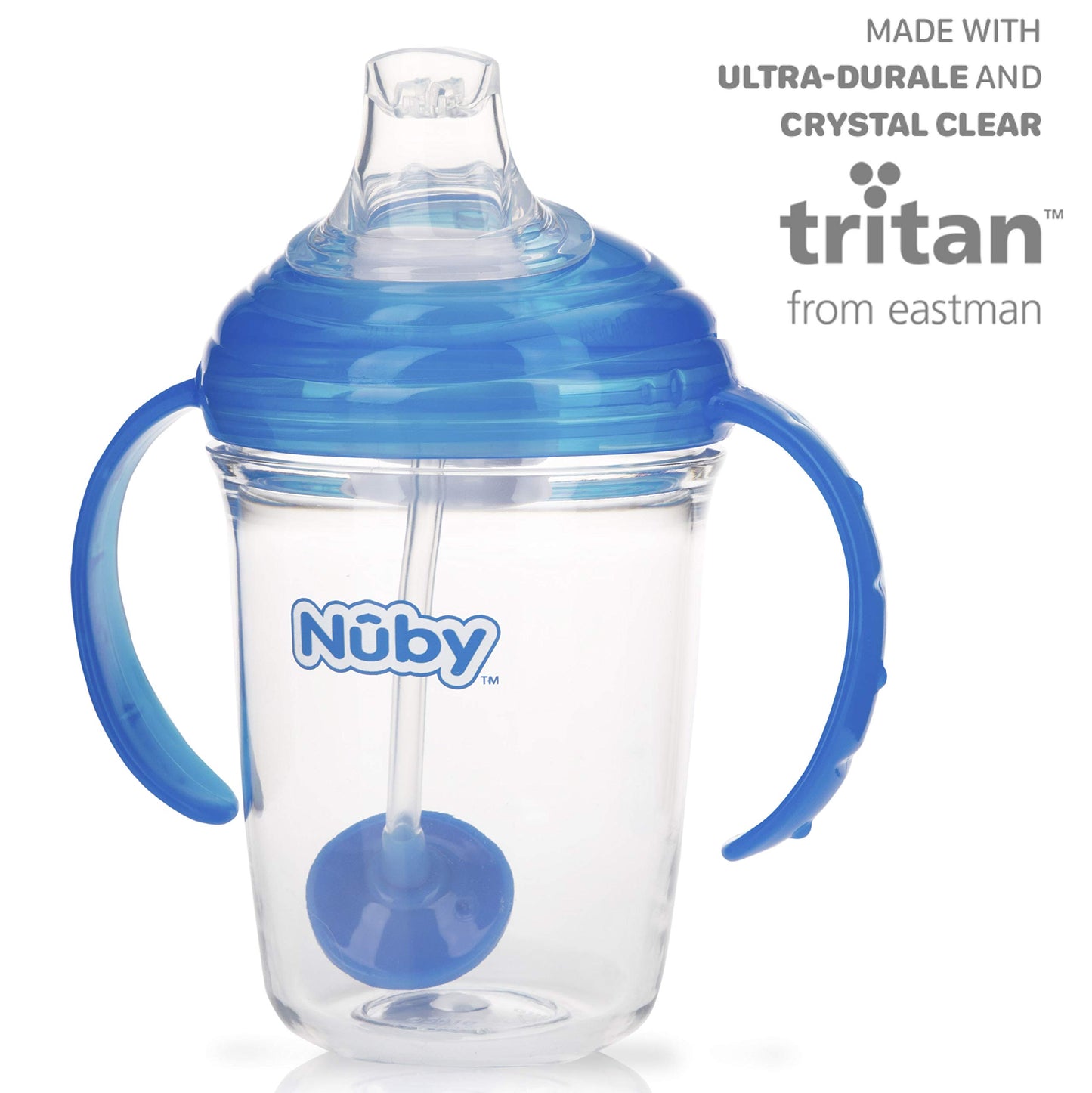 Nuby 360 Grip N' Sip 8Oz Tritan Cup, Weighted Straw With Hygienic Cover, Blue