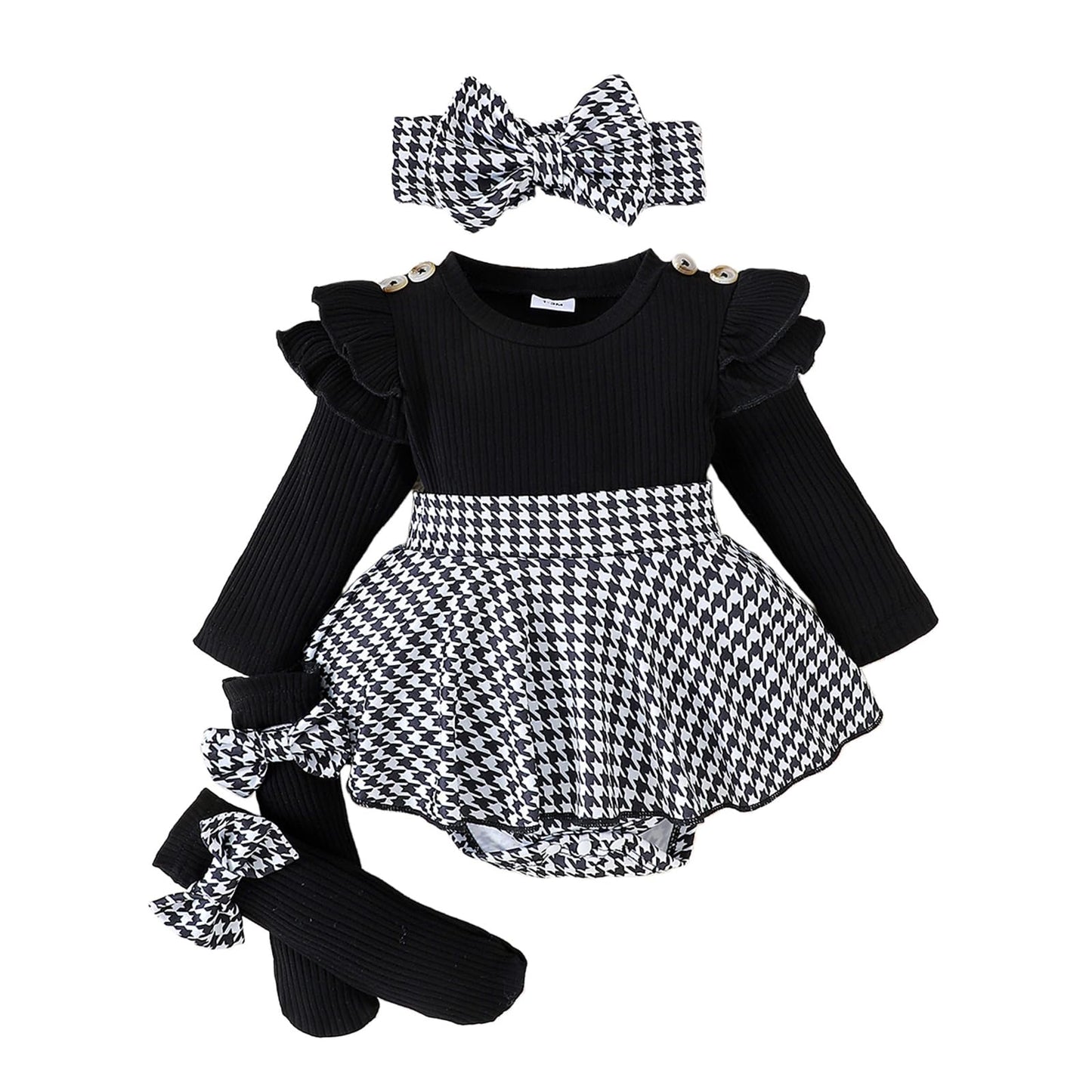 Giraropa Baby Girl Fall Winter Clothes Long Sleeve Romper Dress + Socks + Headband Newborn Infant Cute Casual Outfits (Black, 12