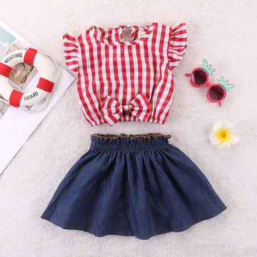 Boizonty Toddler Baby Girl Red Plaid Outfits Ruffled Sleeve Crop Top Shirts With Bowknot+Denim Skirt Dress Summer Clothes Set (P