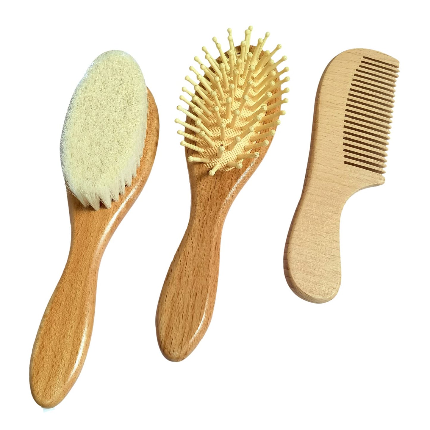 Molylove 3 Piece Baby Hair Brush And Comb Set For Newborn & Toddlers- Natural Wooden Hairbrush With Soft Goat Bristles For Cradl