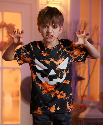 Halloween Girls Orange Tie Dye Pumpkin Face Jack O' Lantern Tee Round Neck Funny Tshirt 12 Years