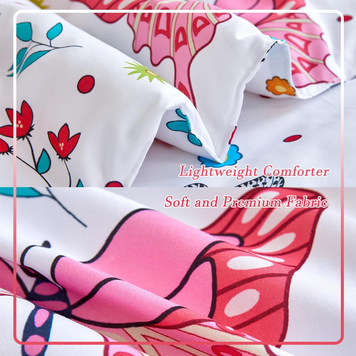 Perfemet 4-Piece Girls Butterfly Toddler Bedding Colorful Pink Floral Toddler Bed Comforter Set Reversible Soft Flower Toddler B