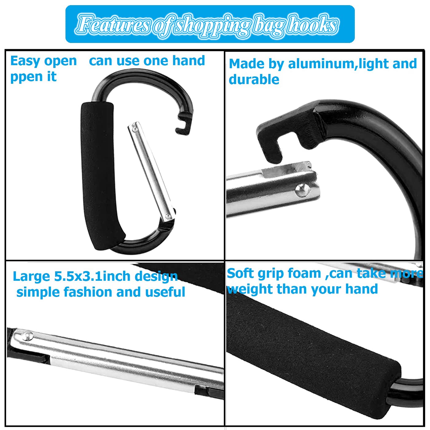 Stroller Hooks By Baby,Large Stroller Hooks For Mommy, 2 Pcs Carabiner Stroller Hook Organizer For Hanging Purses, Diaper Bag, S