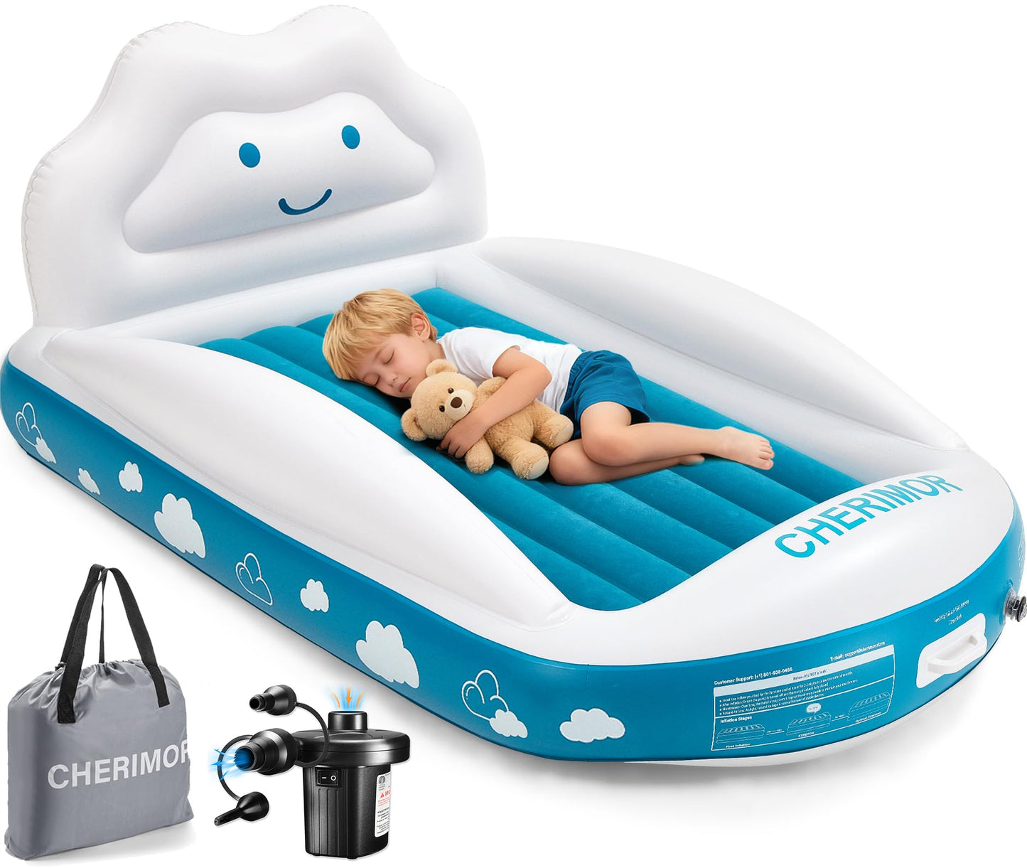 CHERIMOR Inflatable Toddler Travel Bed, Portable Toddler Bed with 4-Sides Safety Bumpers & Fast Auto Inflation Pump, Kids Air Ma