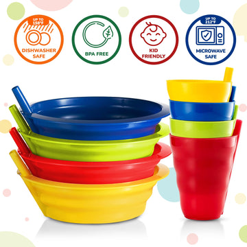 Plaskidy Cereal Bowls With Straws And Kids Straw Cups - Set Of 4 Bowls With Straws For Kids, And 4 Straw Cups For Kids Bpa Free