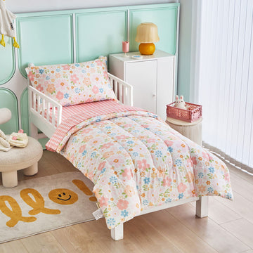 Joyreap 4 Piece Cotton Toddler Bedding Set For Girls, Pink Flowers Design, Soft N Breathable Cotton Toddler Comforter Set, Inclu