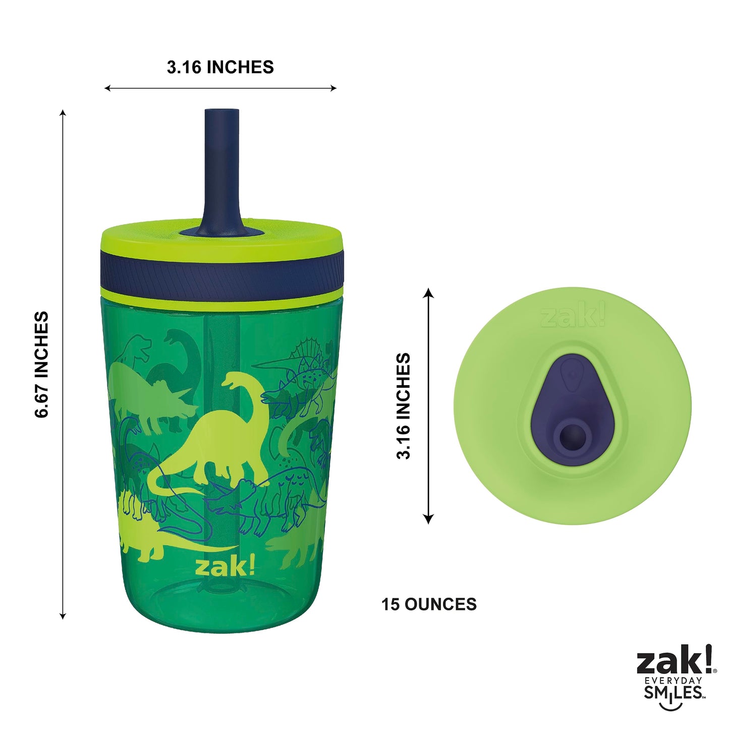 Zak Designs Kelso 15 Oz Tumbler Set, (Dino Camo) Non-Bpa Leak-Proof Screw-On Lid With Straw Made Of Durable Plastic And Silicone