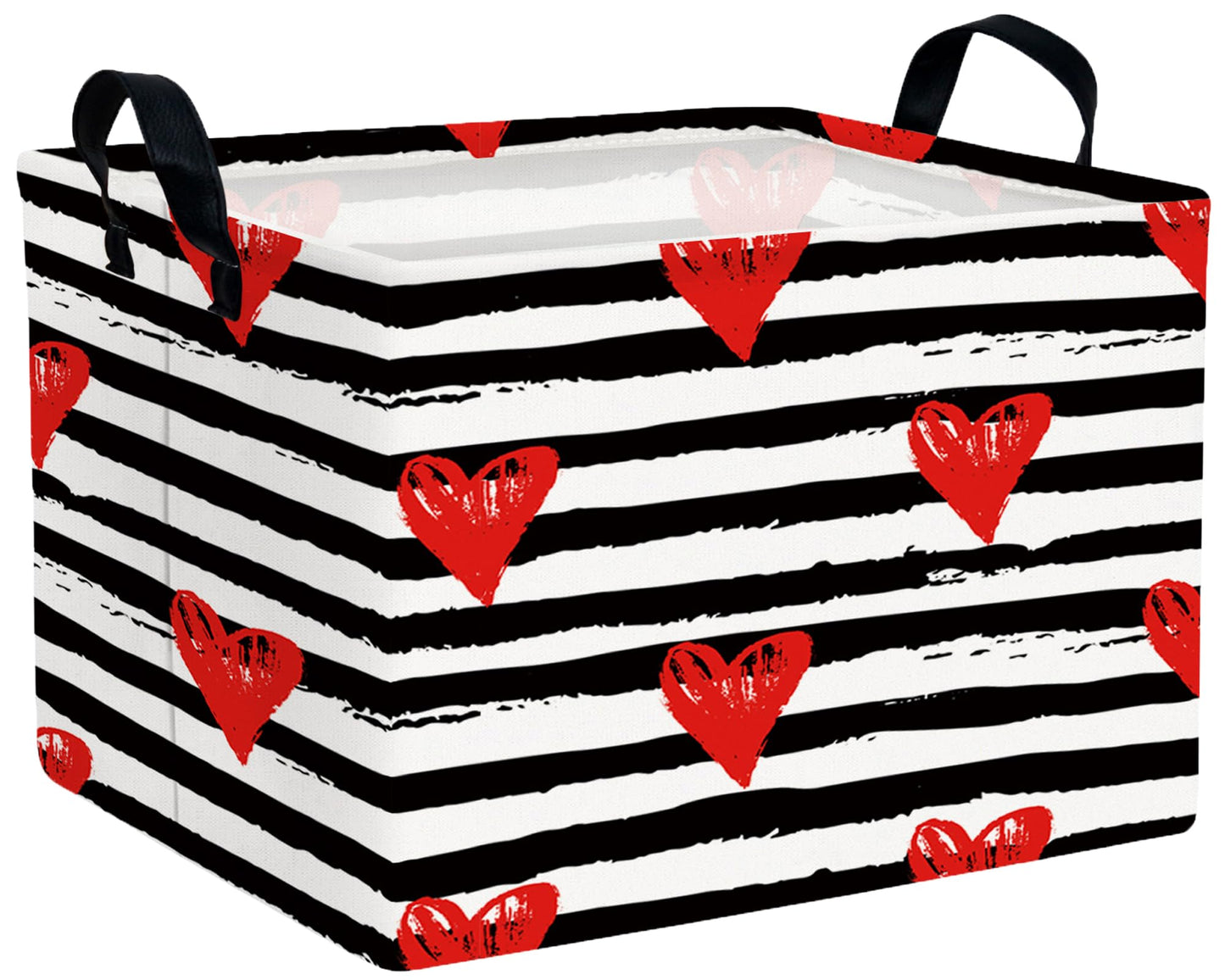 BOOHIT Valentines Day Basket for Kids Heart Shaped Empty Storage Bins for Gifts with Handles Room Decor (Black Dash Red Love)