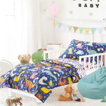 Joyreap 4 Piece Toddler Bedding Set, Standard Size Colorful Dinosaur Printed On Navy, Includes Quilted Comforter, Fitted Sheet,