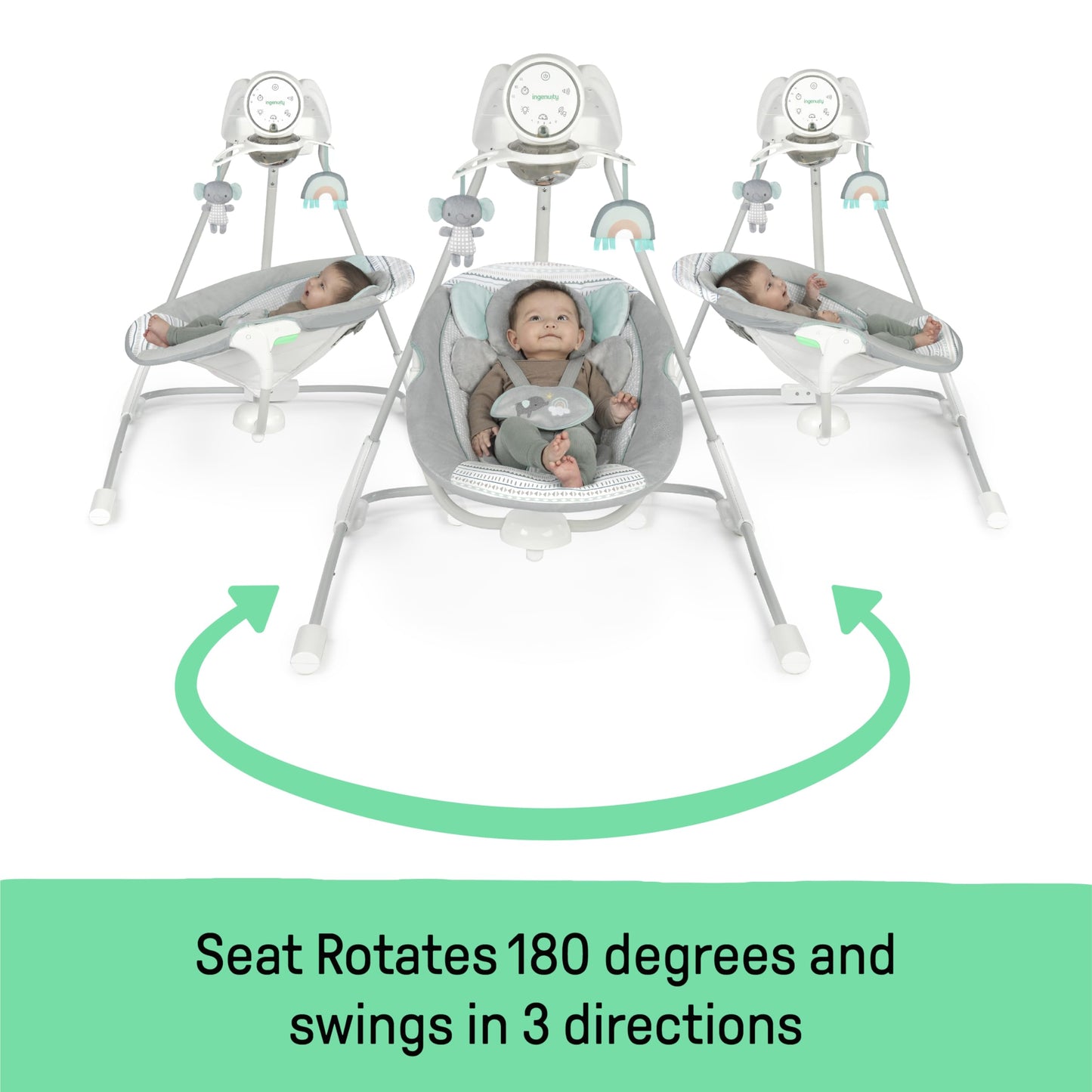 Ingenuity Inlighten 5-Speed Baby Swing - Swivel Infant Seat, 5 Point Safety Harness, Nature Sounds, Lights - Van Elephant