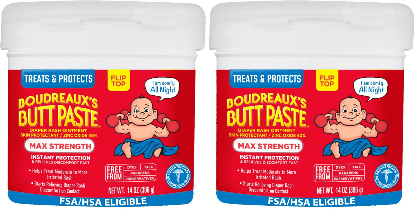 Boudreauxs Butt Paste Maximum Strength Diaper Rash Cream, Ointment for Baby, 14 oz Flip-Top Jar (Pack of 2)