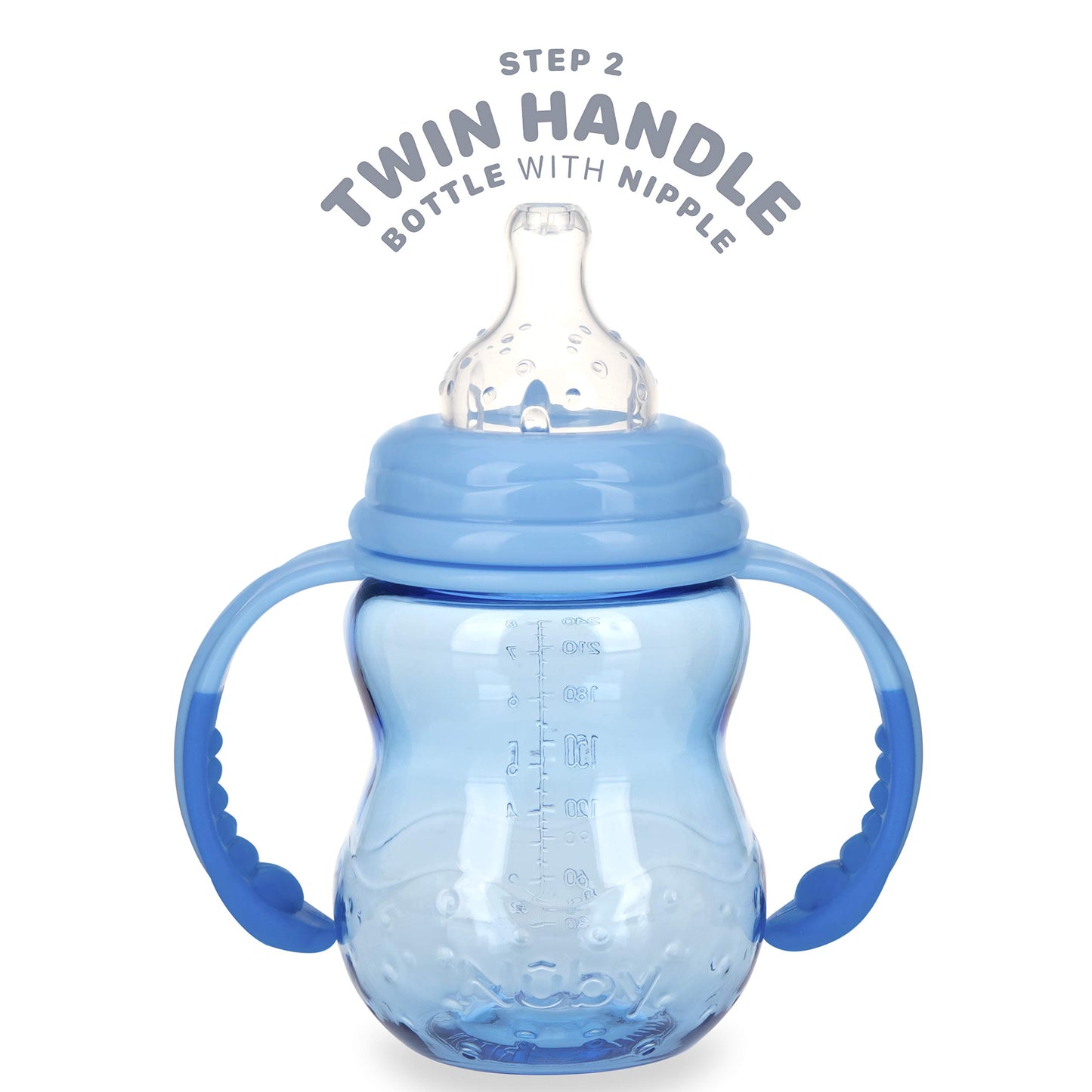 Nuby 3 Stage Tritan Wide Neck Grow With Me No-Spill Bottle To Cup, Blue, 8 Oz