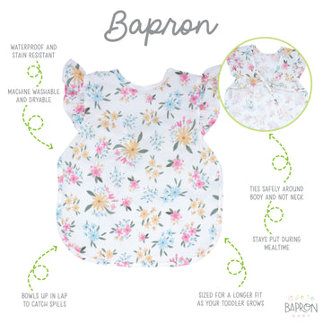 Bapronbaby Flutter Pastel Floral Bapron - No Neck Tie Safer Bib For Baby & Toddler - Soft Waterproof Stain Resistant - Machine W