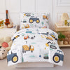 Perfemet Car Printed Toddler Comforter Set, 4 Pieces Toddler Bedding Sets For Boys, Reversible Tractors Pattern Teen Boy Bed In