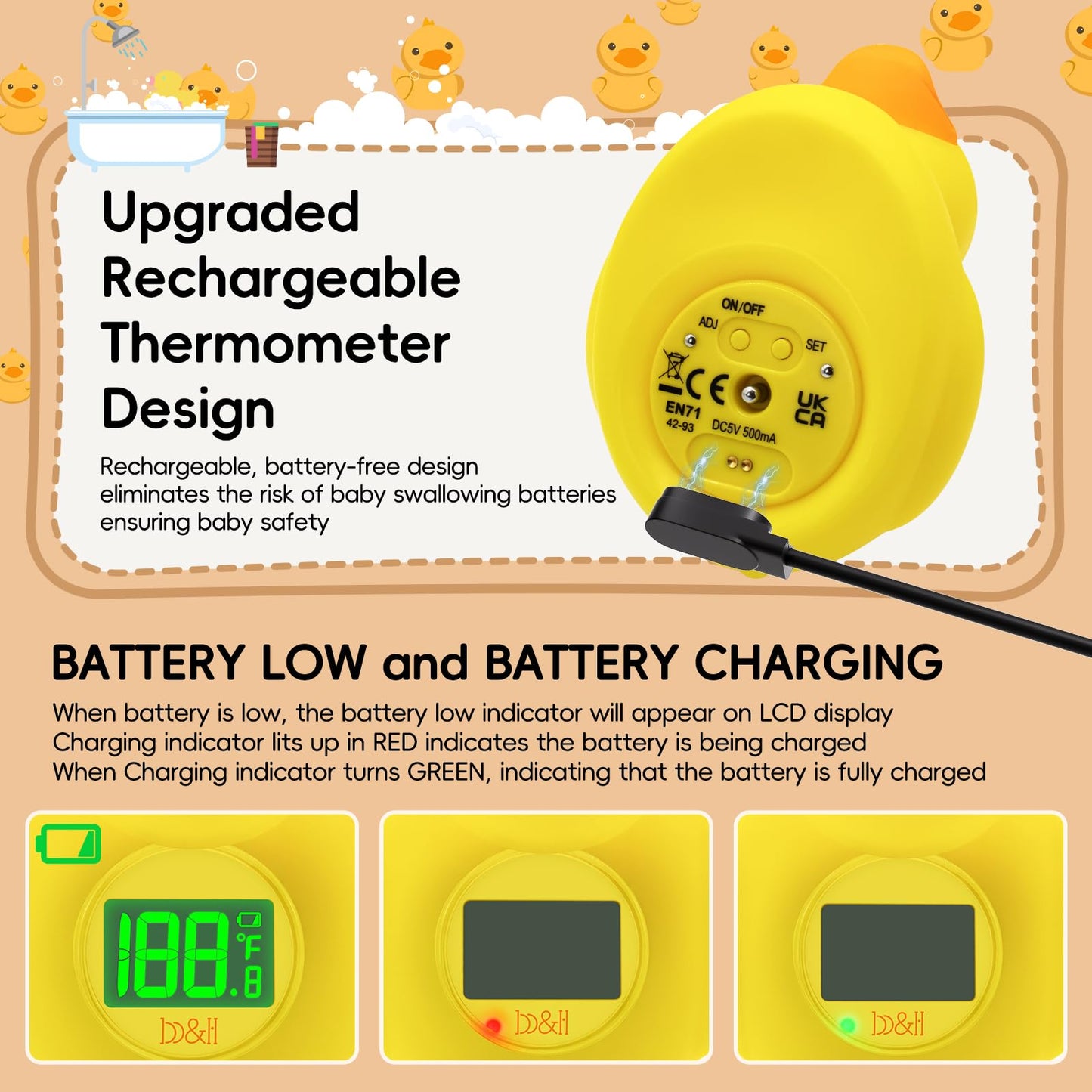 B&H Rechargeable Baby Bath Thermometer, Digital Floating Shower Thermometer For Newborn Bathtub And Room, Upgraded Turn Off Func