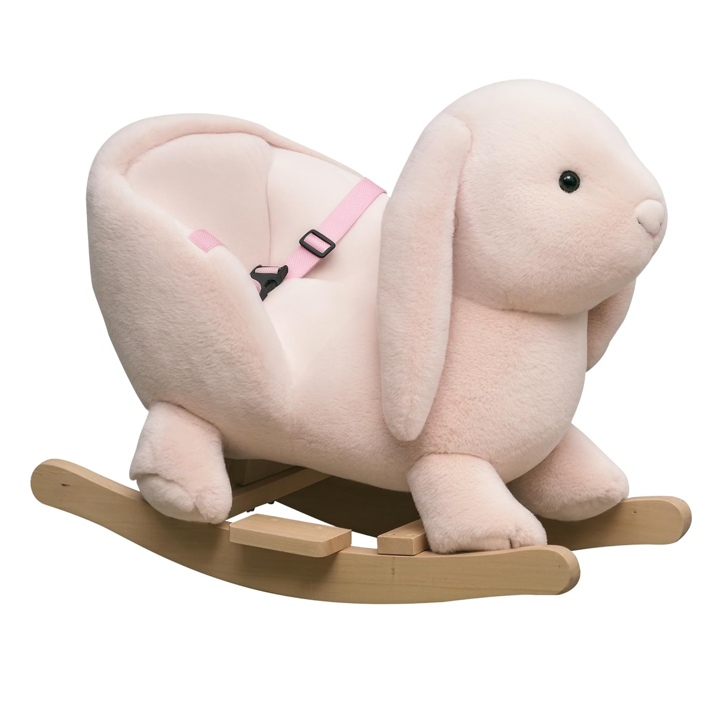 Qaba Rabbit Wooden Rocking Horse with Simulated Sound, Wooden Base, Seat Belt, Plush Stuffed Rocking Chair for Baby, Toddler, 18